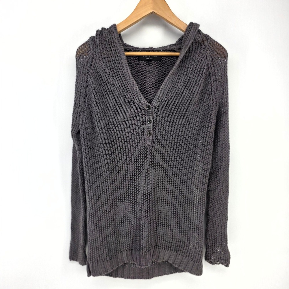 Rag & Bone Hoodie Womens Small Gray Open Knit Henley Metallic Pullover Sweater